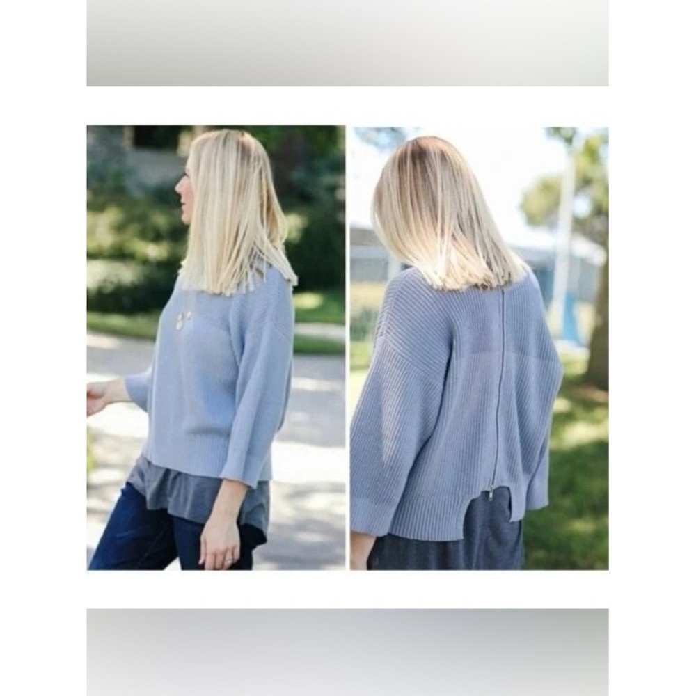 Cabi Womens Medium Cotton Fair Play Boxy Knit Sweater in Steel Blue 3/4 Sleeves